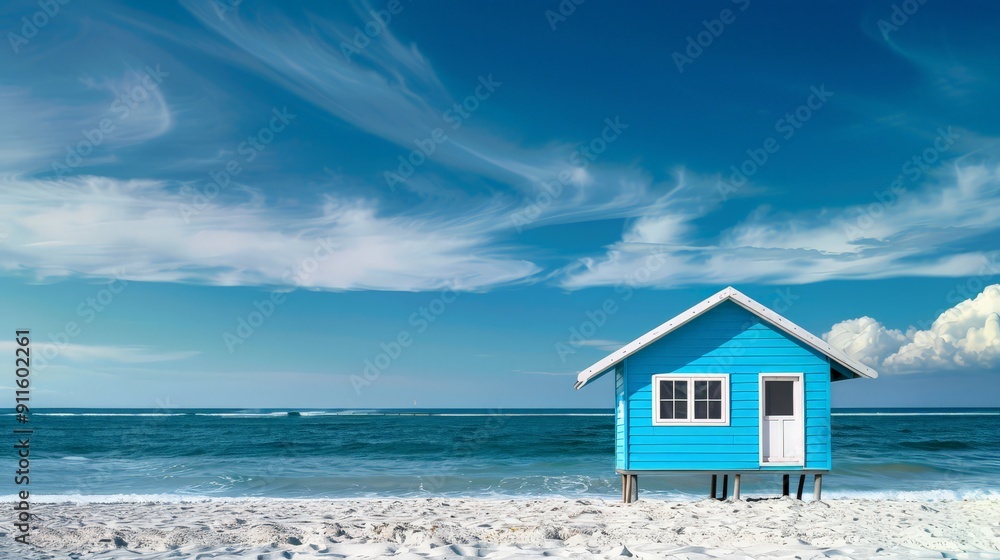 A colorful beach house overlooks the tranquil ocean under a bright blue sky A colorful beach house overlooks the tranquil ocean under a bright blue sky