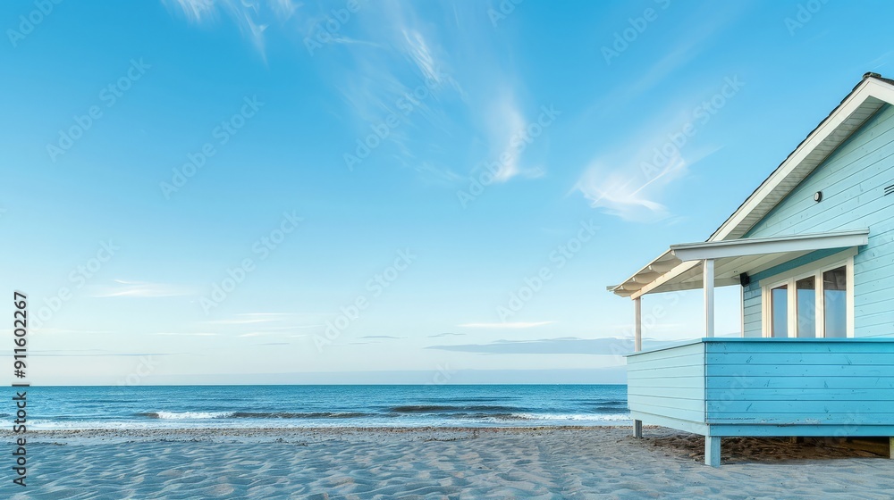 A peaceful beach house stands by the shore, reflecting the evening's mellow light A peaceful beach house stands by the shore, reflecting the evening's mellow light