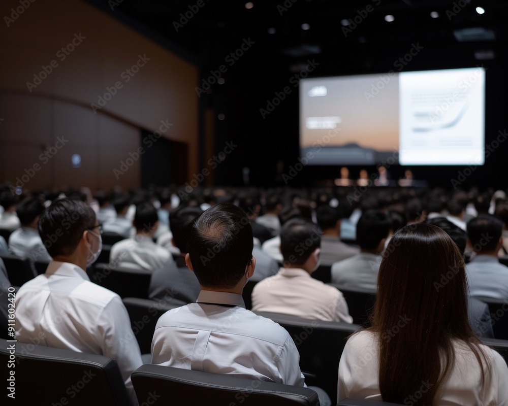 Audience attendees at a business conference watching a presentation in a large auditorium, showcasing corporate event setting. Audience attendees at a business conference watching a presentation in a large auditorium, showcasing corporate event setting.