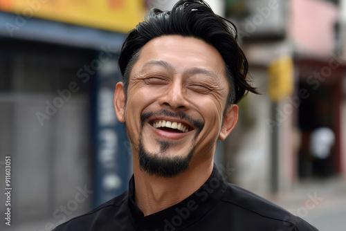 A man with a black shirt and beard laughing heartily outside on a street, highlighting a moment of pure joy and happiness in a bustling urban environment.