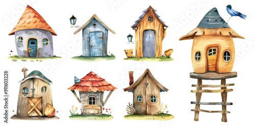 Watercolor magical fantasy elf gnome wood house hut set collection design resources elements