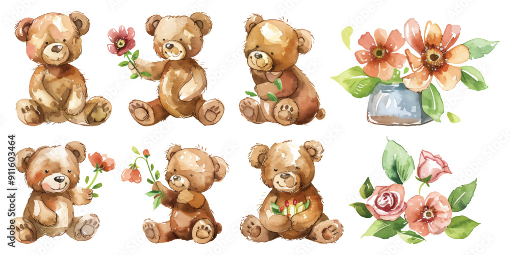 Fototapeta premium Watercolor bear doll fluffy soft stuffed toys set collection design resources elements