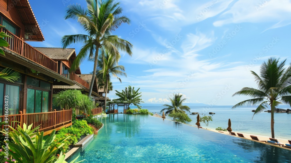 Fototapeta premium A tranquil pool invites relaxation with stunning ocean views and palm trees swaying