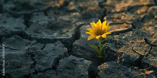 Fototapeta Naklejka Na Ścianę i Meble -  A small yellow flower grows from a crack in the ground, surrounded by dry soil and natural decay