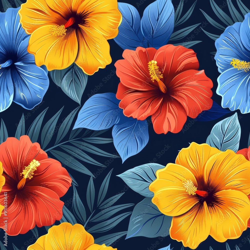 custom made wallpaper toronto digitalTropical Floral Pattern With Hibiscus and Blue Leaves for Summer Decor