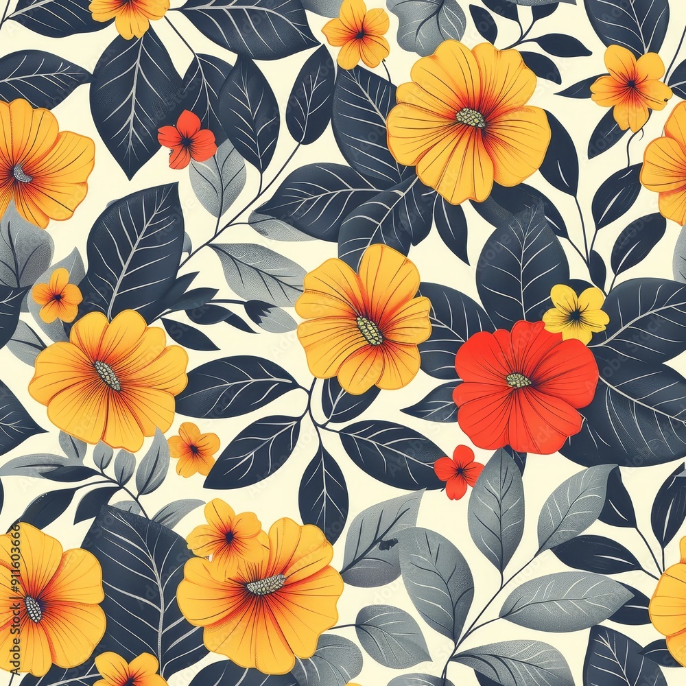 Tropical Floral Pattern With Yellow and Red Flowers on Cream Background Tropical Floral Pattern With Yellow and Red Flowers on Cream Background