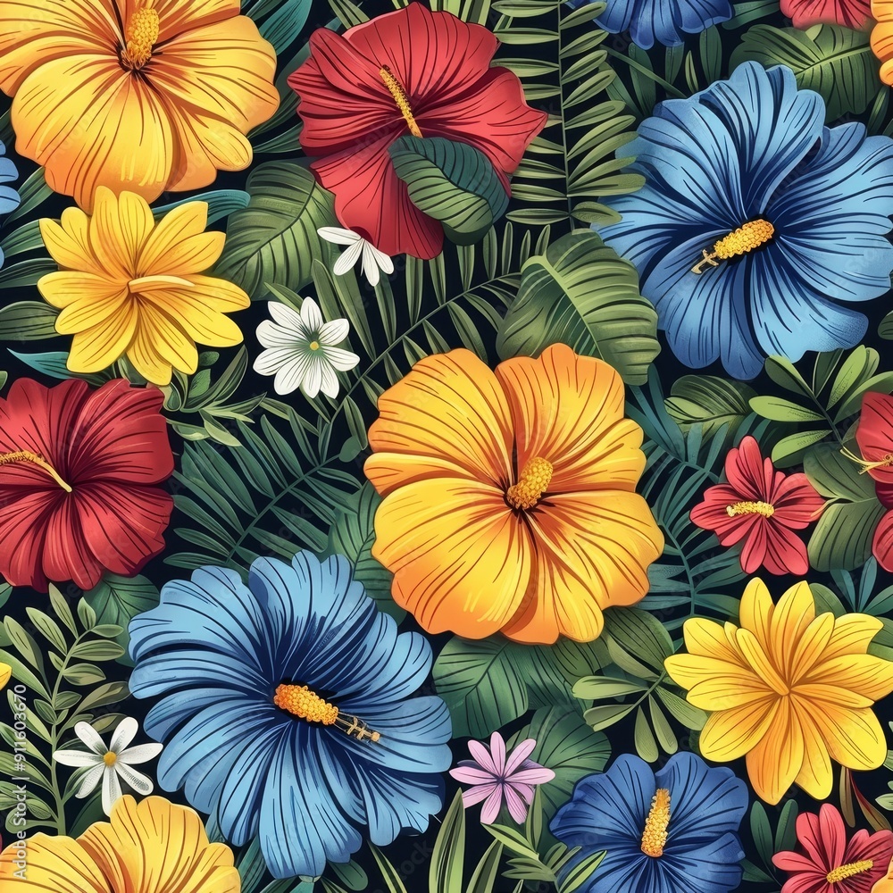 Fototapeta premium Vibrant Tropical Floral Pattern Featuring Hibiscus and Daisies in Summer Hues