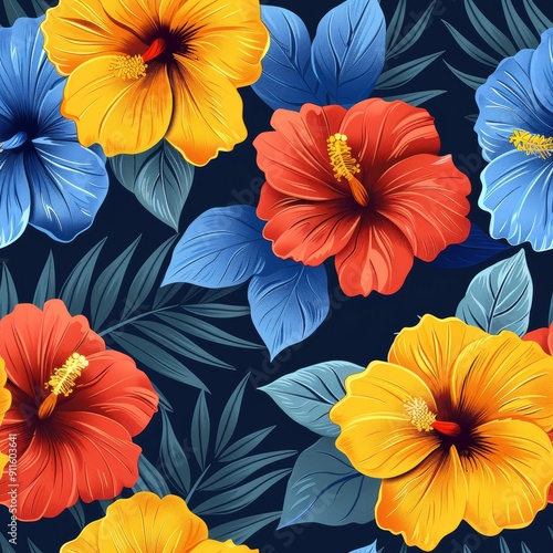 Wallpaper Mural Tropical Floral Pattern With Hibiscus and Blue Leaves for Summer Decor Torontodigital.ca