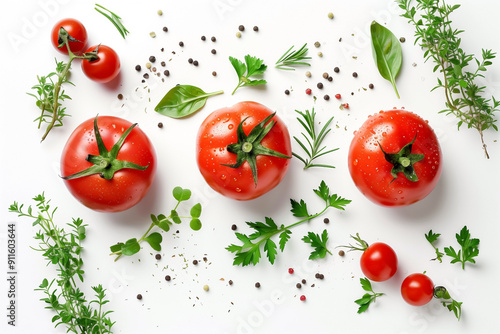 fresh tomatoes herbs and spices isolated on white background, top view