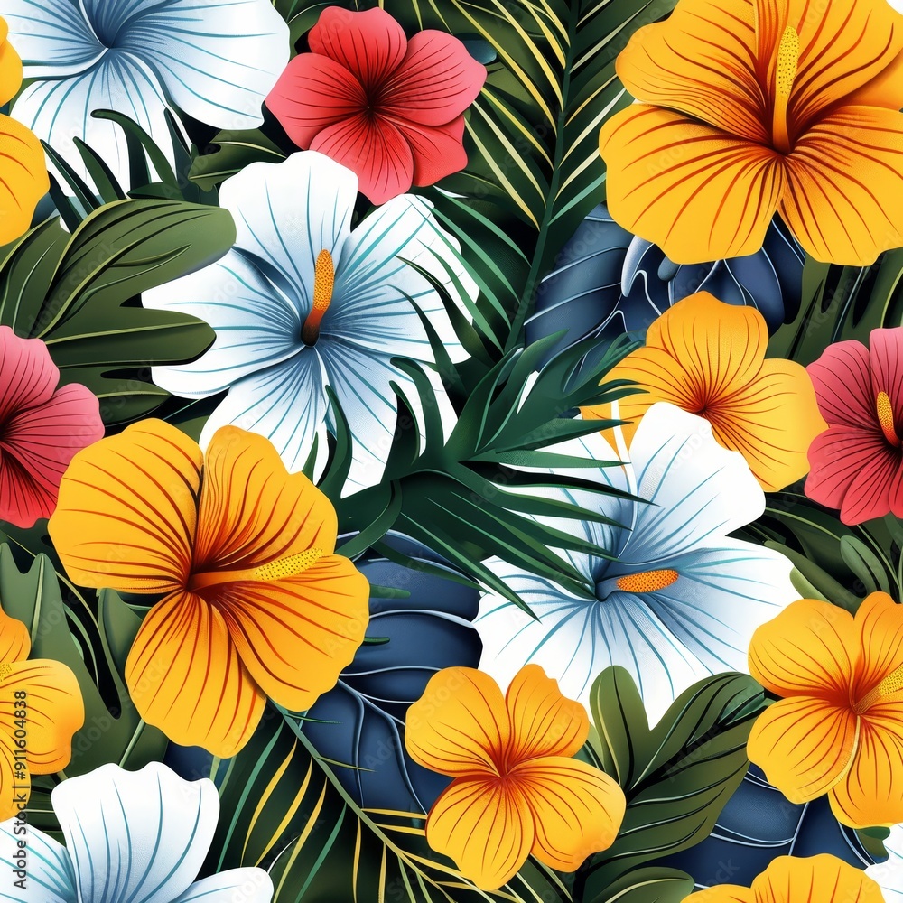 Vibrant Tropical Floral Pattern With Hibiscus and Green Foliage in Summer Setting Vibrant Tropical Floral Pattern With Hibiscus and Green Foliage in Summer Setting