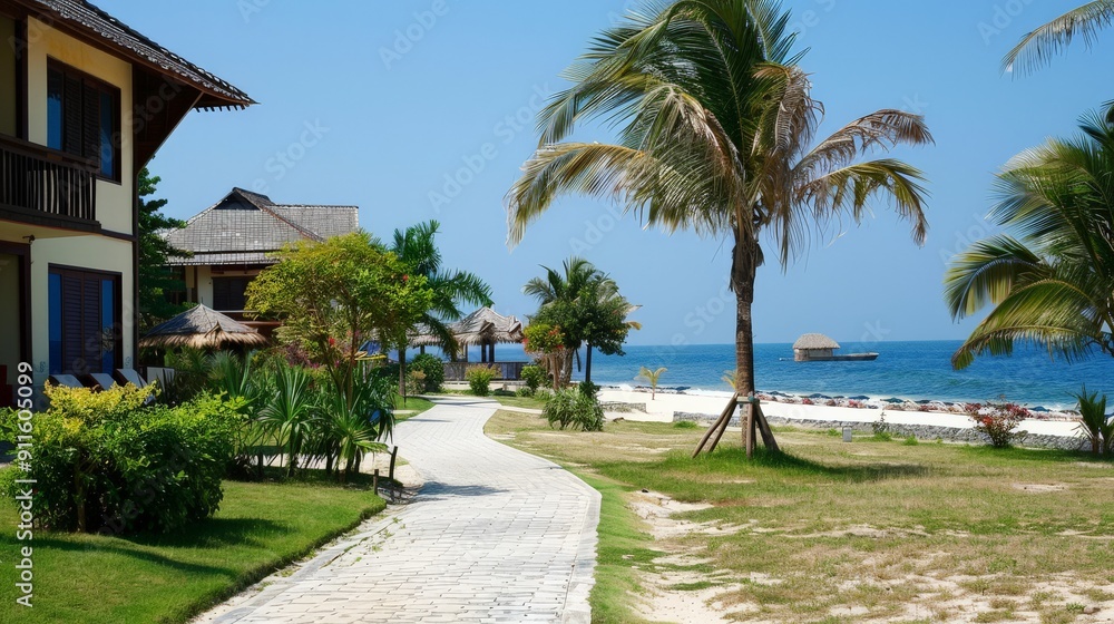 A tranquil walkway leads to the tranquil blue waters and sunny beach A tranquil walkway leads to the tranquil blue waters and sunny beach