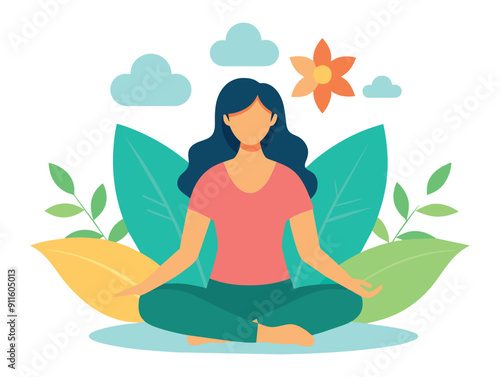 Wallpaper Mural Woman meditating in nature with leaves and clouds. Vector illustration Torontodigital.ca