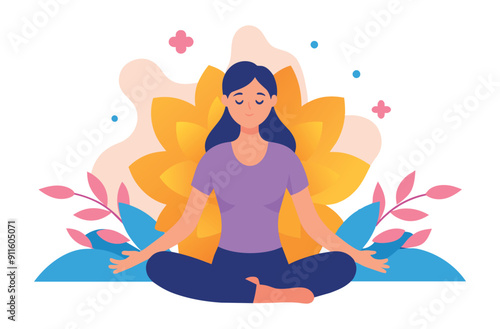 Woman meditating with floral background. Vector illustration