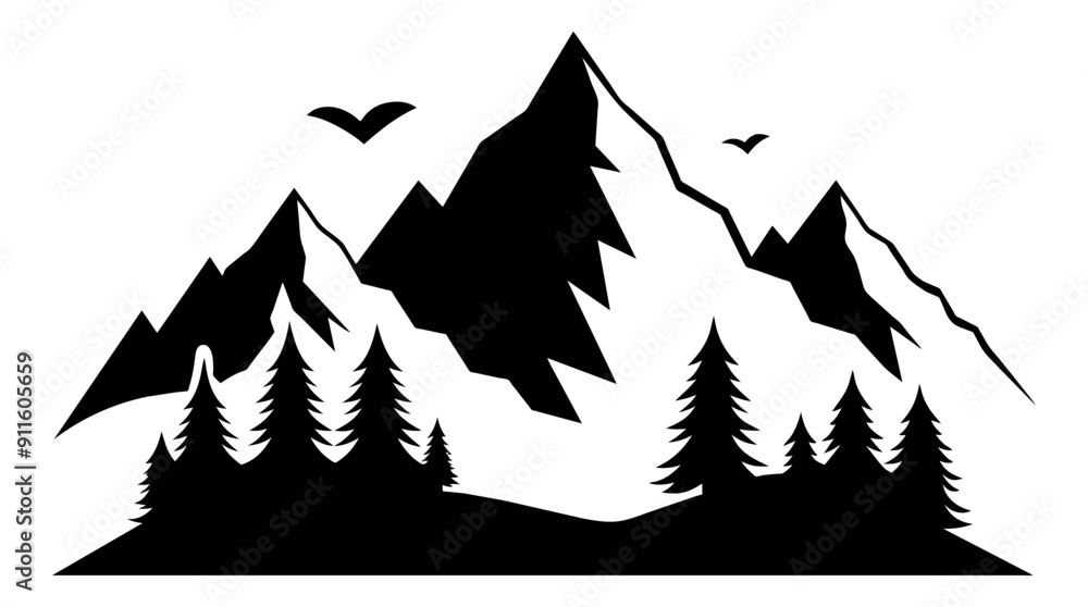 Obraz premium Silhouette of mountains with pine trees and birds. Vector illustration