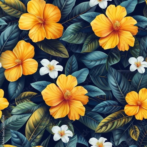 Wallpaper Mural Tropical Floral Pattern Featuring Yellow and White Flowers Against Dark Green Leaves Torontodigital.ca