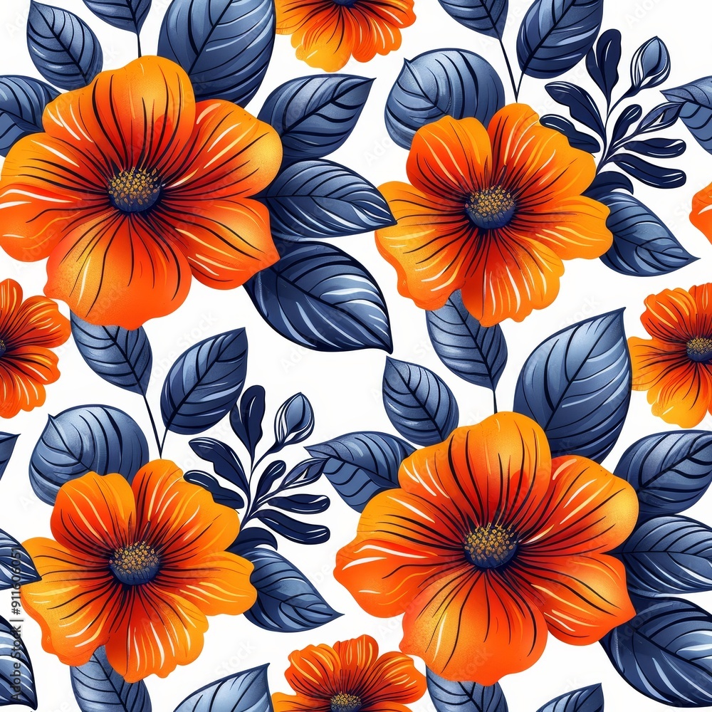 Tropical Floral Pattern With Orange Flowers and Dark Green Leaves Tropical Floral Pattern With Orange Flowers and Dark Green Leaves