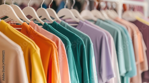 Wallpaper Mural Colorful collection of hanging t-shirts in a row, showcasing vibrant hues and styles for a trendy wardrobe. Torontodigital.ca