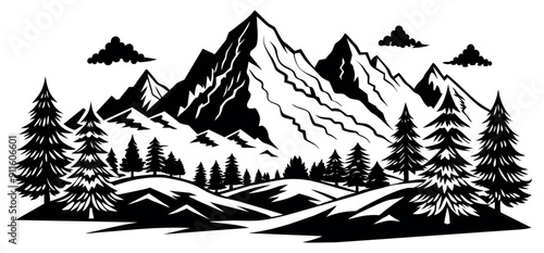 Mountains and pine forest. Vector illustration