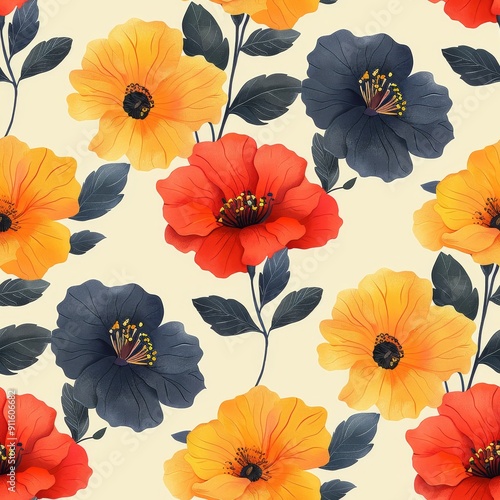 Wallpaper Mural Tropical Floral Pattern Featuring Bright Flowers on Light Background Torontodigital.ca