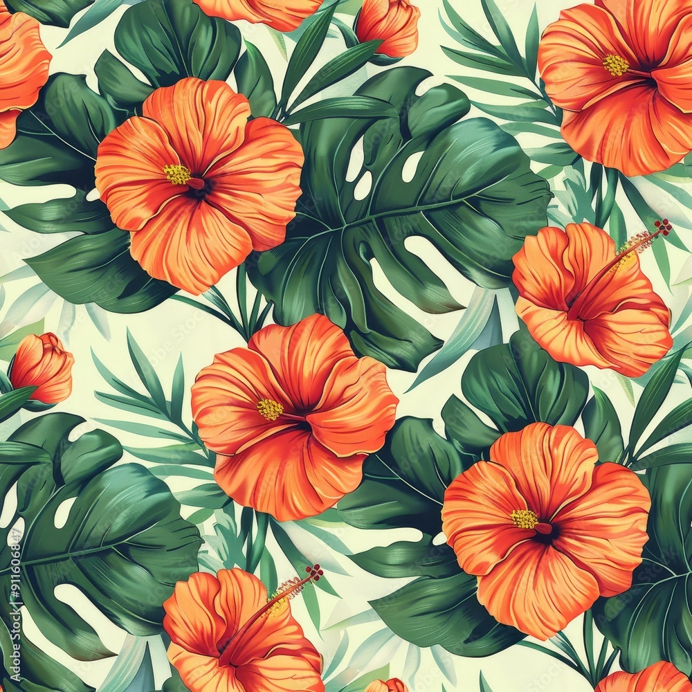 Vibrant Tropical Floral Pattern With Hibiscus and Monstera Leaves for Summer Decor Vibrant Tropical Floral Pattern With Hibiscus and Monstera Leaves for Summer Decor