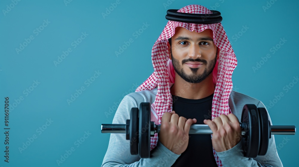 Arab Man Lifting Weights Against a Blue Background Arab Man Lifting Weights Against a Blue Background