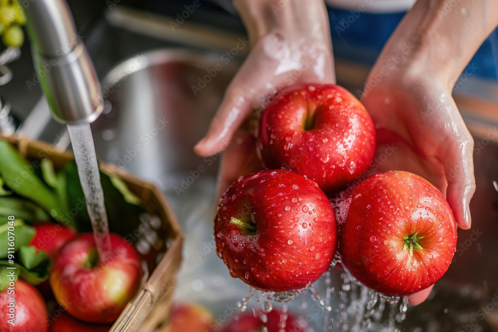 Fresh red apples being rinsed under water, showcasing vibrant colors and a healthy lifestyle in the kitchen. Fresh red apples being rinsed under water, showcasing vibrant colors and a healthy lifestyle in the kitchen.