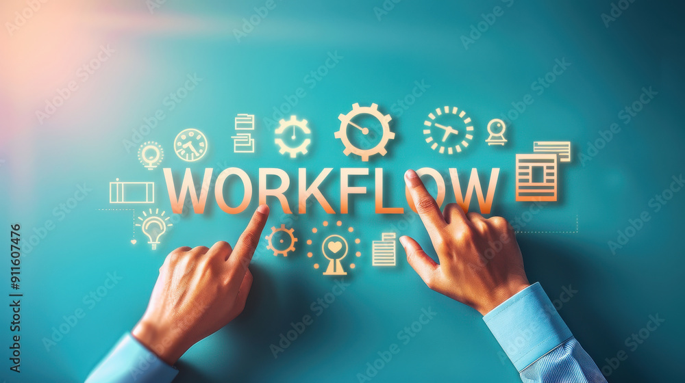 Hands interacting with workflow icons, symbolizing efficiency and productivity in business processes and project management. Hands interacting with workflow icons, symbolizing efficiency and productivity in business processes and project management.
