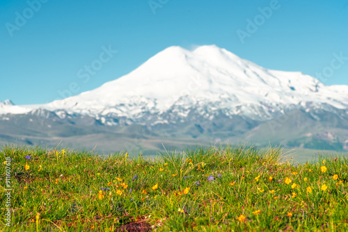 Picturesque view of the white peak of Mount Elbrus. View from the Kanjol plateau