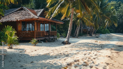 Fototapeta Naklejka Na Ścianę i Meble -  Serene retreat with wooden cabins nestled amidst swaying palm trees