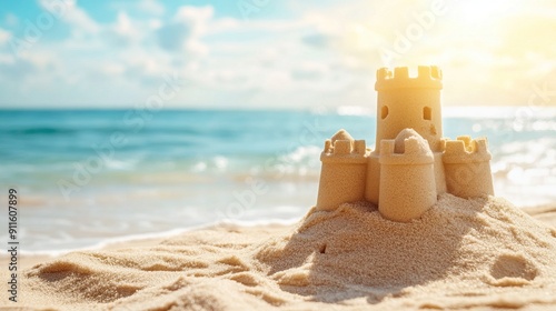 sandcastle with the beach background in the sunlight with a text space 