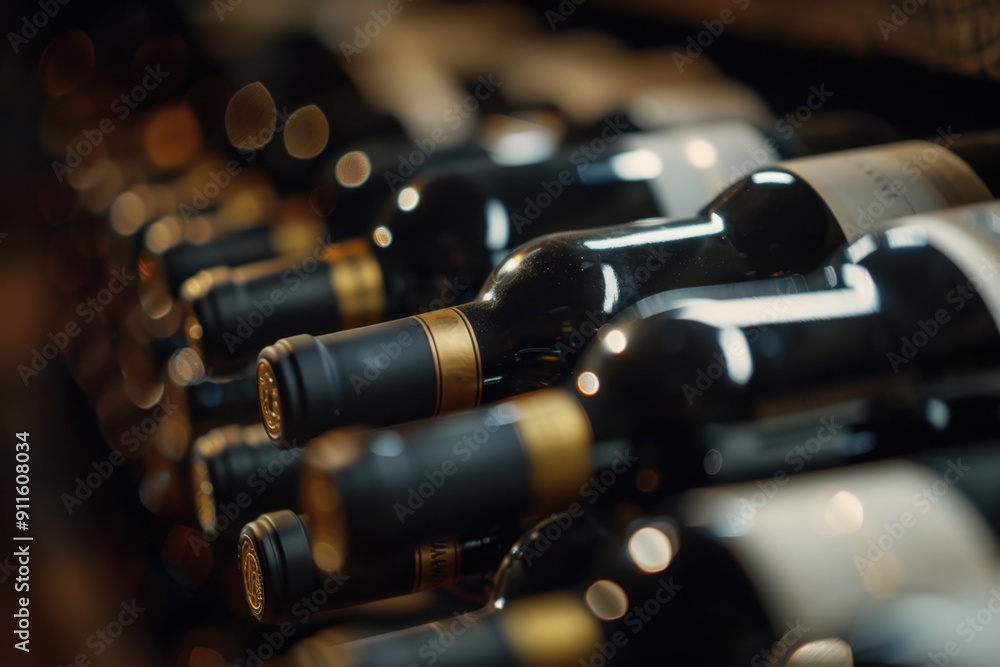 Close-up of wine bottles in the back with white labels and black bodies, dark red or gold top hues, stacked on their sides Generative AI Close-up of wine bottles in the back with white labels and black bodies, dark red or gold top hues, stacked on their sides Generative AI