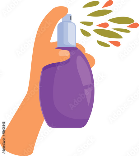 Hand is spraying a purple perfume bottle and a mist of fragrance is coming out of it
