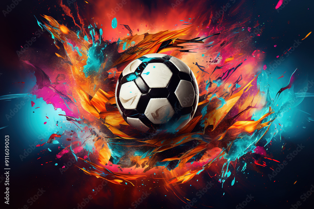 Fototapeta premium Soccer or football ball poster for championship with hot fire trace. Active team sport background