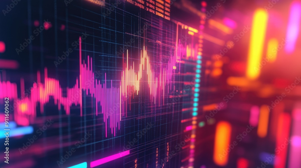 Abstract depiction of financial graphs and charts in neon colors Abstract depiction of financial graphs and charts in neon colors