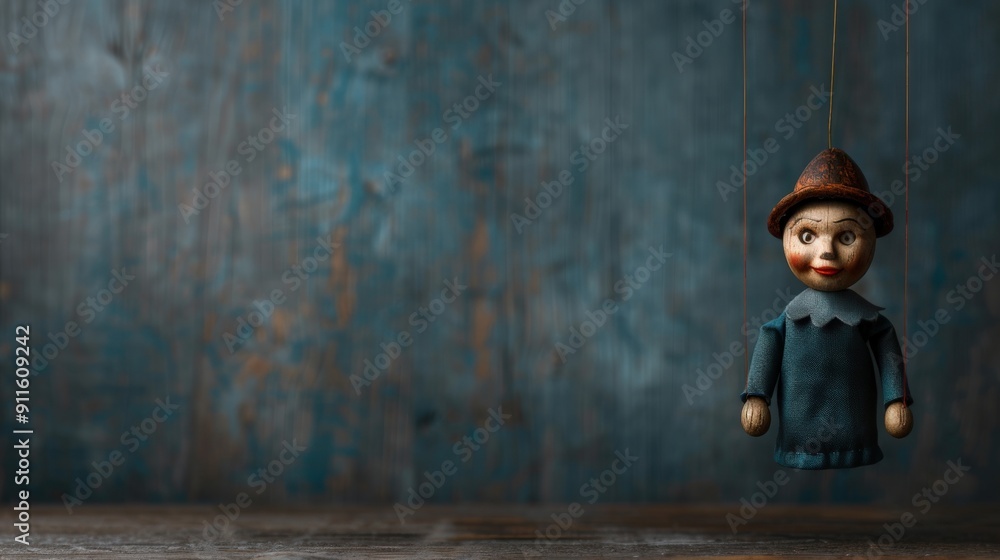 Obraz premium A weathered marionette doll on a rustic stage with a dramatic abstract backdrop