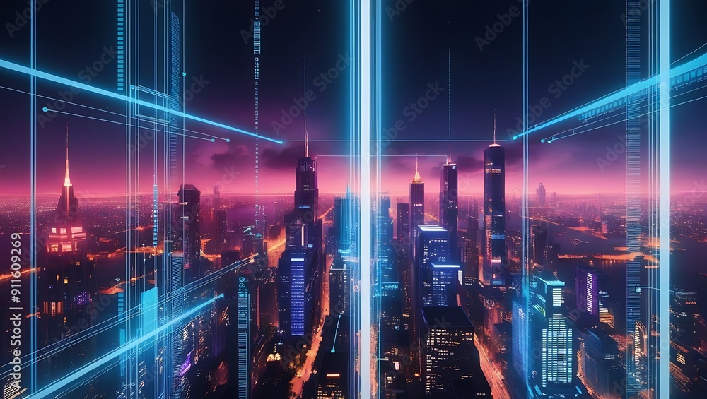 Fototapeta premium A depicts a cityscape at night, illuminated with vibrant lights. There are vertical lines and digital overlays throughout the image, which suggest the idea of a connected