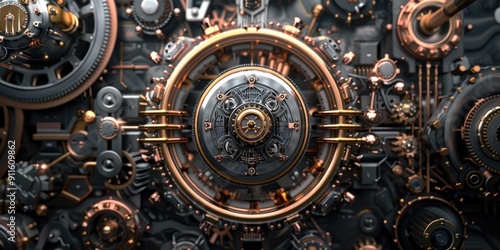 Complex steampunk machine with cogs and gears.