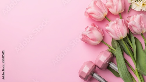 Pink tulips and dumbbells on a soft pink background. Concept of sport, fitness, Women's Day and Valentine's Day. Copy space. Banner. photo