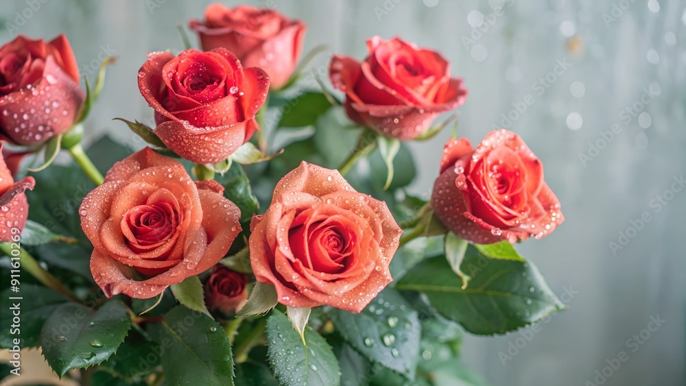 Bouquet of Dew-Kissed Peach Roses Against a Soft Gray Background Bouquet of Dew-Kissed Peach Roses Against a Soft Gray Background