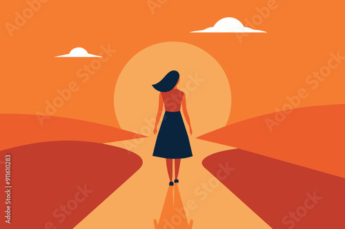 Woman walking towards sunset in orange landscape. Vector illustration