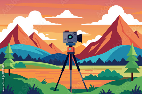 Camera on a tripod in front of mountain landscape at sunset. Vector illustration