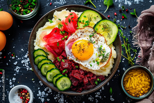 german labskaus of corned beef herring mashed potatoes and fried egg, top view photo