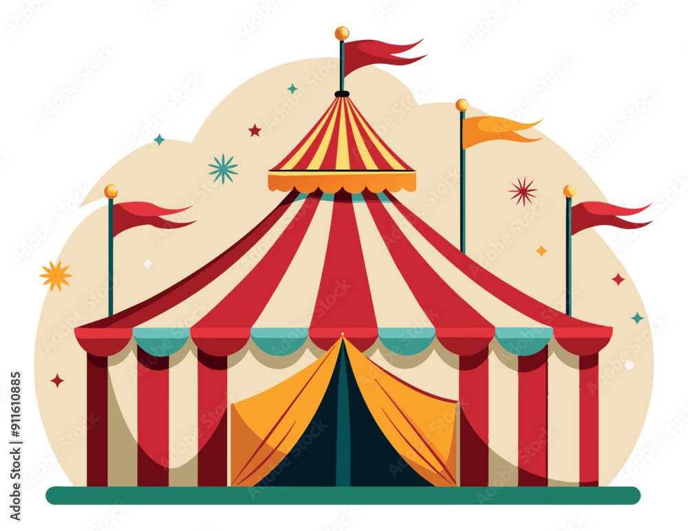 Red and white striped circus tent with flags. Vector illustration Red and white striped circus tent with flags. Vector illustration