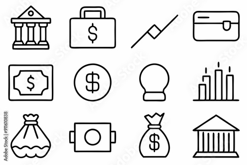 Finance line icons set. Money payments elements outline icons collection. Currency, money, bank, cryptocurrency, check, wallet, piggy, balance, safe, loan

