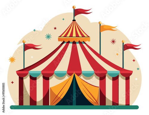 Red and white striped circus tent with flags. Vector illustration
