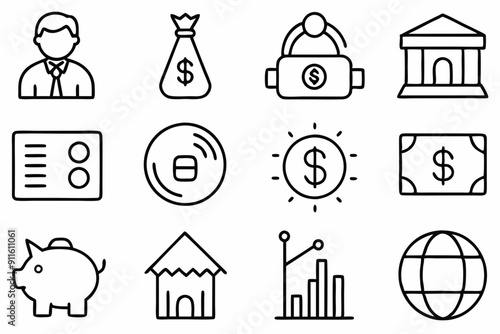 Finance line icons set. Money payments elements outline icons collection. Currency, money, bank, cryptocurrency, check, wallet, piggy, balance, safe, loan

