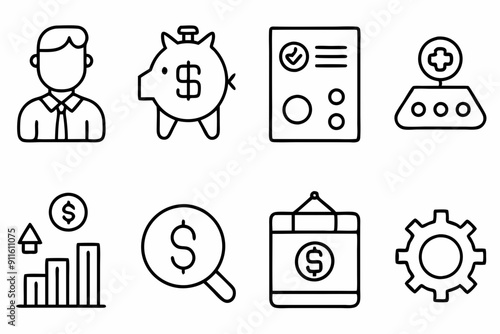 Finance line icons set. Money payments elements outline icons collection. Currency, money, bank, cryptocurrency, check, wallet, piggy, balance, safe, loan

