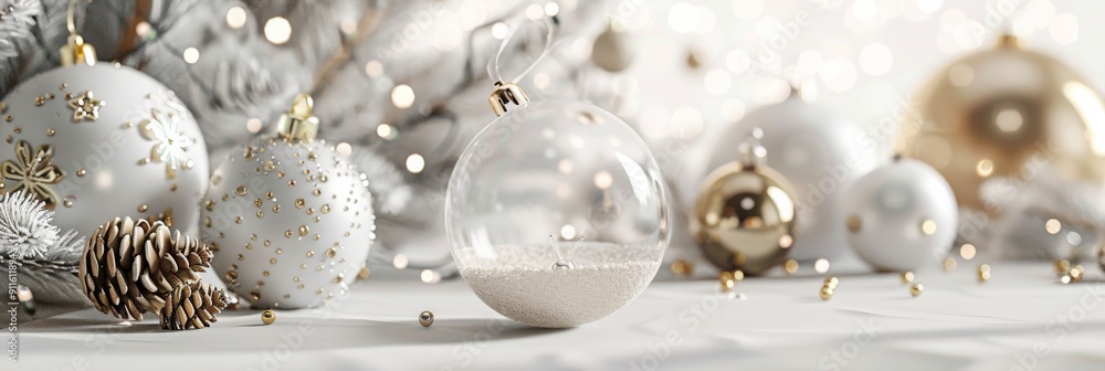 3D render of a winter holiday wallpaper with elegant white and gold Christmas ornaments and baubles 3D render of a winter holiday wallpaper with elegant white and gold Christmas ornaments and baubles