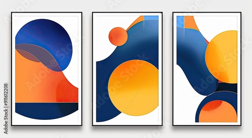 Three framed abstract art pieces with blue, orange, and yellow.