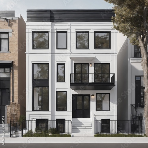 Minimalist icon of a two-story townhouse with a bay window and small front stoop, rendered in clean black lines without any shading, centered on a bright white canvas